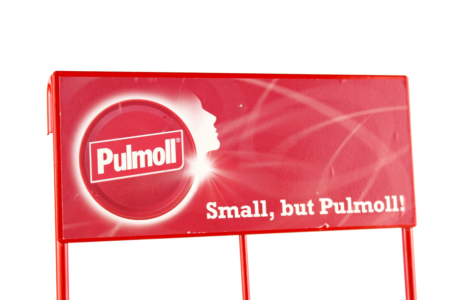 Présentoir publicitaire en métal rouge "Pulmoll"